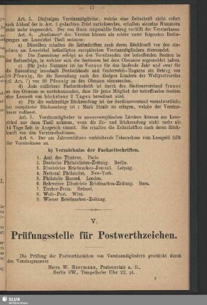 V. Prüfungsstelle für Postwerthzeichen