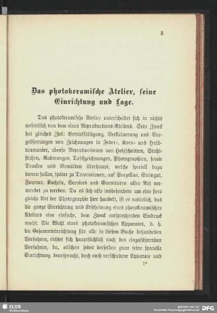 Das photokeramische Atelier, seine Einrichtung und Lage.