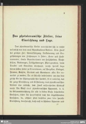 Das photokeramische Atelier, seine Einrichtung und Lage.