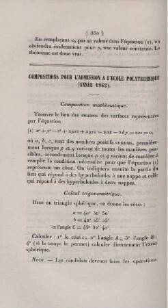 Compositions pour l'admission a l'École Polytechnique (année 1862).