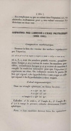 Compositions pour l'admission a l'École Polytechnique (année 1862).