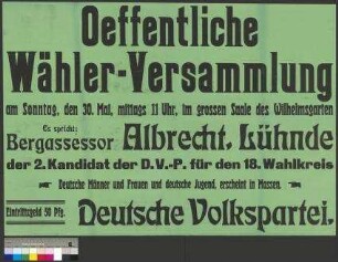 Plakat zu einer Wahlversammlung der DVP am 30. Mai 1920 in Braunschweig