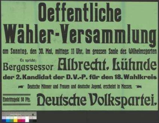 Plakat zu einer Wahlversammlung der DVP am 30. Mai                                         1920 in Braunschweig
