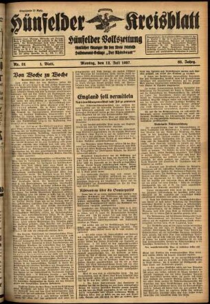 Erste Ausgabe vom Montag, den 12. Juli 1937.