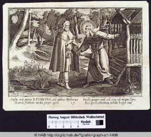 Der heilige Ethbinus empfängt einen Mann vor seiner Hütte im Wald.