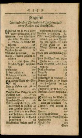 Register derer in beyden Theilen dieses Buchs enthaltenen Sachen und Kunststücke.