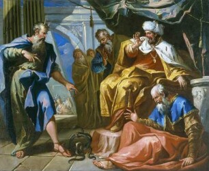Moses verwandelt Aarons Stab in eine Schlange