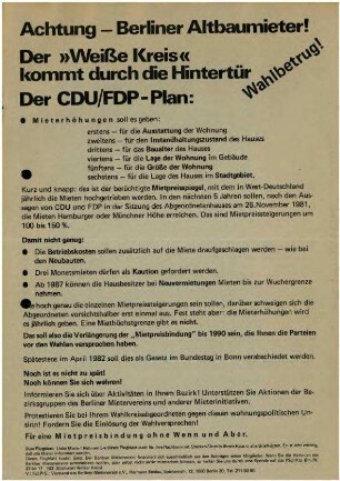 Flugschrift: Achtung - Berliner Altbaumieter! Der "Weiße Kreis" kommt durch die Hintertür, 1982