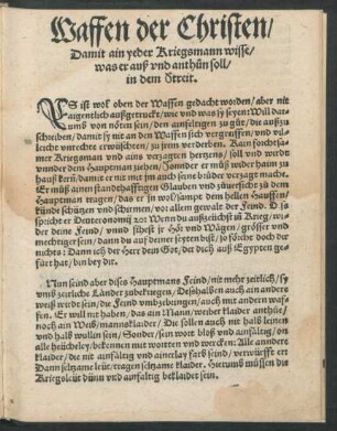 Waffen der Christen/ Damit ain yeder Kriegsmann wisse/ was er auß und anthun soll/ in dem Streit.