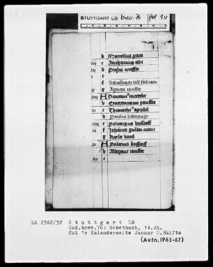Niederdeutsches Stundenbuch (Lüning-Bergheim-Gebetbuch) — Kalenderseite, Januar, 2. Hälfte, Folio 1verso