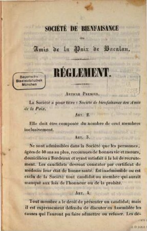 Réglement : Société de bienfaisance des Amis de la Paix de Bacalan. [Umschlagtitel.]