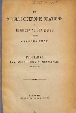 De M. Tulli Ciceronis oratione de domo sua ad Pontifices