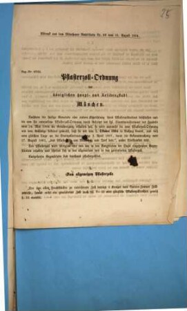 Pflasterzoll-Ordnung der königlichen Haupt- und Residenzstadt München : Abdruck aus dem Münchener Amtsblatte Nr. 68 vom 31. August 1864