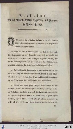 Zirkular von der Kaiserl. Königl. Regierung und Kammer in Vorderösterreich : [Freyburg, den 10. Jänner 1788.]