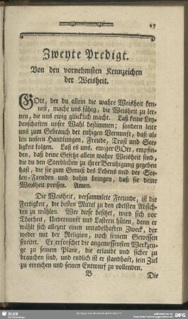 Zweyte Predigt. Von den vornehmsten Kennzeichen der Weisheit