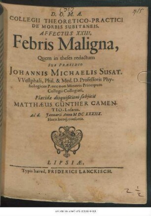Collegii Theoretico-Practici De Morbis Subitaneis. Affectus XXIII, Febris Maligna