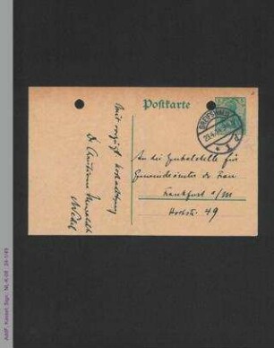 Postkarte von Christiane Mewaldt Wedel an die Zentralstelle für Gemeindeämter der Frau