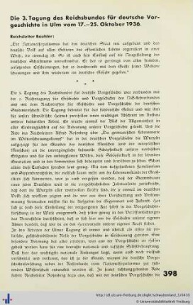 Die 3. Tagung des Reichsbundes für ddeutsche Vorgeschichte in Ulm vom 17.-25. Oktober 1936.