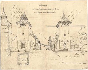 Thiersch, August ; Transformationsstationen, Masttransformatoren, Entwürfe - Grundriss, Schnitt, Perspektive