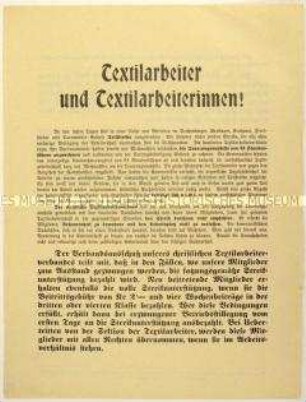 Flugblatt des christlichen Textilarbeiterverbandes gegen politische Streiks