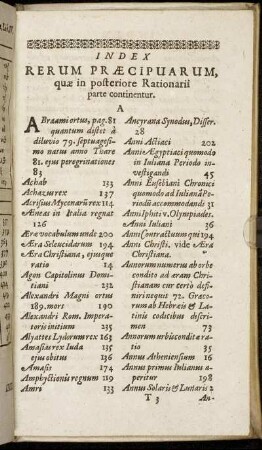 Index Rerum Præcipuarum, quæ in posteriore Rationarii parte continentur.