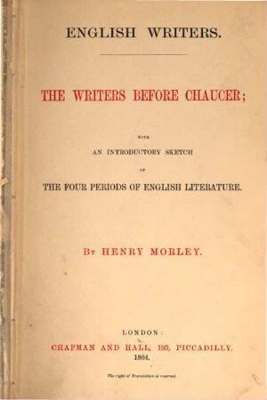 English writers : an attempt towards a history of English literature, I