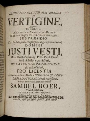 Disputatio Inauguralis Medica De Vertigine