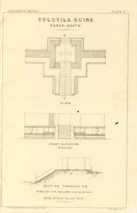 Plate K. Toluvila ruins. Porch (south). Plan. Front elevation. Section through A. B.