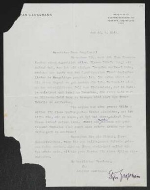 Brief von Stefan Großmann an Gerhart Hauptmann