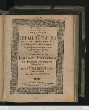 Disputatio V. in Cap. LIII. Esaiae, De Sepultura Et Resurrectione Christi