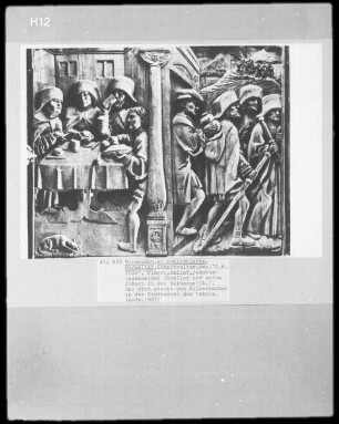 Hochaltar-Retabel — Legende des Heiligen Jakobus des Älteren — Legende des Heiligen Jakobus des Älteren — Mahlzeit der Pilgerfamilie in der Herberge und Auszug der Familie