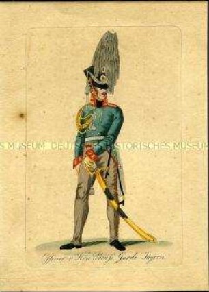 Uniformdarstellung, Offizier des Garde-Jäger-Regiments, Preußen, 1813. Tafel aus: Abbildungen der neuen Königlich Preussischen Armeeuniformen, Heft 1.