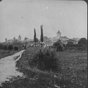 Estavayer-le-Lac. Stadtansicht mit Schloß Chenaux und Kollegiatskirche Saint-Laurent über einen Bach