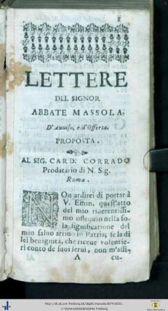 Lettere del Signor Abbate Massola d’Avviso, e d’Offerta.