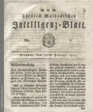 No. 7, Dienstag, den 13ten Februar 1810
