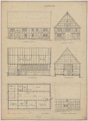 Titmaringhausen (Kreis Brilon): Hof Nr. 23 Frese. Haupthaus (Grundriss, Nordostteilansicht, Südostansicht, Südwestansicht, Schnitte)