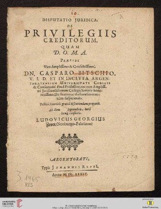 Disputatio Juridica, De Privilegiis Creditorum