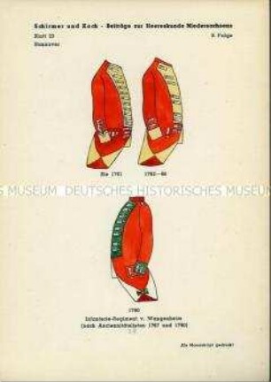 Uniformdarstellung, Detailstudie von Uniformröcken des Infanterie-Regiments "von Wangenheim", Kurfürstentum Hannover, 1767/1790.