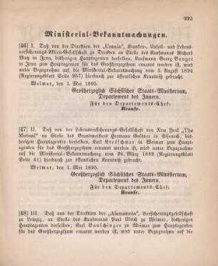 46. Ministerial-Bekanntmachung, betreffend Wechsel in der Hauptagentur der "Urania", Kranken-, Unfall- und Lebensversicherungs-Aktien-Gesellschaft zu Dresden