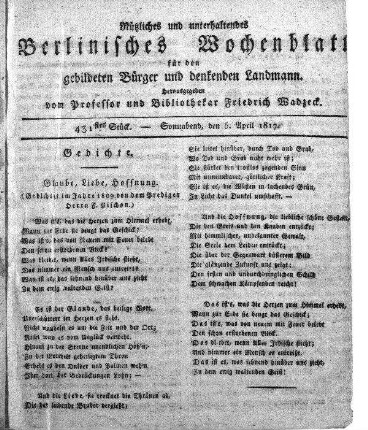 431stes Stueck, Sonnabend, den 5. April 1817