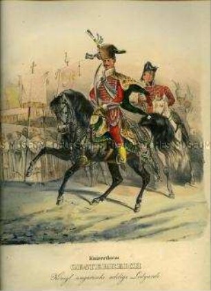 Uniformdarstellung, Königlich Ungarische Leibgarde zu Pferd, katholische Prozession, Kaiserreich Österreich, 1835. Tafel 176 im Buch: Eckert/Monten: Das deutsche Bundesheer.