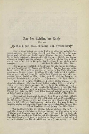 Aus den Urteilen der Presse über das "Handbuch für Frauenbildung und Frauenberuf"