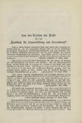 Aus den Urteilen der Presse über das "Handbuch für Frauenbildung und Frauenberuf"