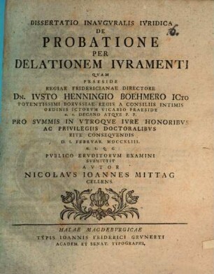 Dissertatione inauguralis iuridica de probatione per delationem iuramenti