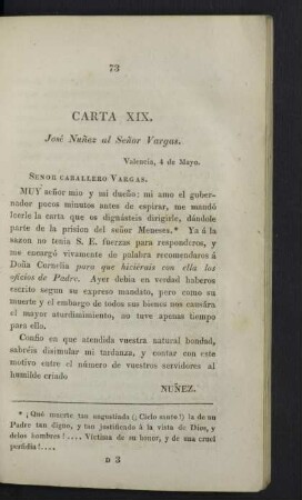 Carta XIX. José Nuñez al Señor Vargas.