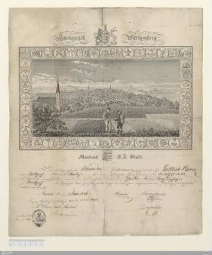 Königreich Württemberg. Marbach O. A. Stadt : [Handwerksbrief, Schneider, Marbach, 1846]; Der unterzeichnete Schneider-Zunftvorstand bezeugt hiemit, daß Gottlieb Renz von KleinAspach Oberamts Marbach ... nachdem er bei dem Schneider-Meister Georg Dischinger zu KleinAspach die Lehrjahre beendigt habe, heute ... zum Gesellen erklärt worden sey. Marbach am Neckar den 1. Mai 1846. Diesen Lehrbrief beglaubigt den 2. Mai 1846 ...