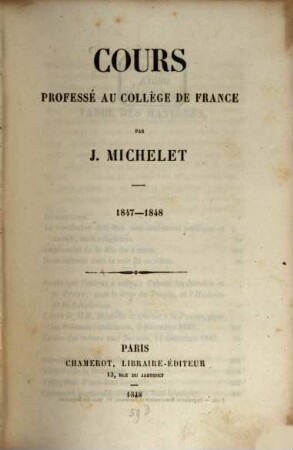 Cours professé au collége de France 1847 - 1848