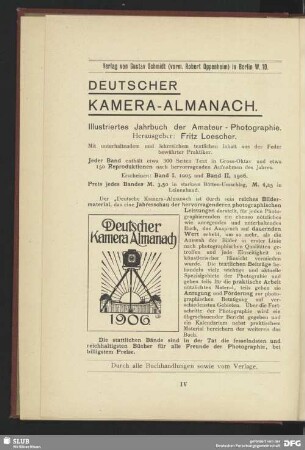 Werbung: Deutscher Kamera-Almanach, Illustriertes Jahrbuch der Amateur - Photographie, Fritz Loescher; Verlag von Gustav Schmidt in Berlin