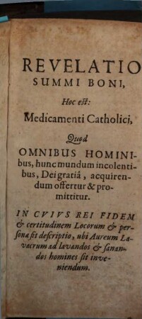 Revelatio summi boni, coelestis et terrestris