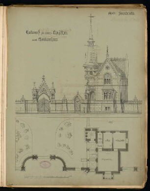 Parkeingang Monatskonkurrenz Oktober 1883: Grundriss Erdgeschoss, Aufriss Straßenansicht; Maßstabsleiste